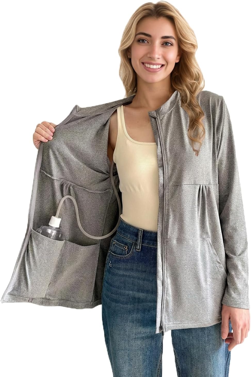 RAGEMALL Mastectomy Shirt with Drain Pockets Front Zip Post Surgery Top Soft Long Sleeve Clothing for Breast Cancer Recovery