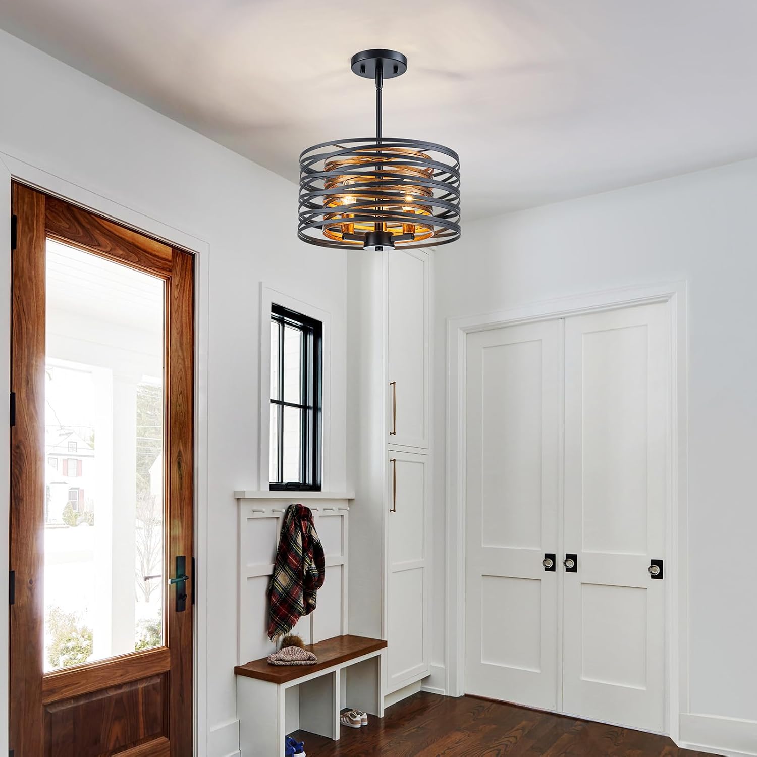 LumFurn D12inch Farmhouse Pendant Light, 3-Light, 2-Tier Drum Chandeliers Light Fixture for Dining Room, Living Room, Bedroom, D12xH15~47 inch（Adjustable Height）, Wood Texture & Black Finish Frame