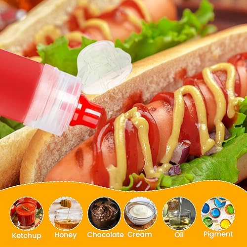 Miniatura 7 de RAYNAG Paquete de 8 botellas de miel reutilizables de plástico para apretar con tapas abatibles, dispensador de condimentos para salsa de salsa de