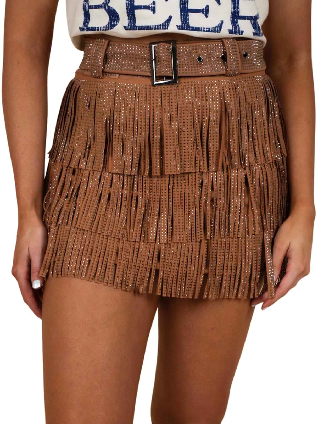 ChiyeeKiss Womens Sparkle Rhinestone Fringe Skirt Elastic Waistband Short Mini Dress with Adjustable and Removable Belt