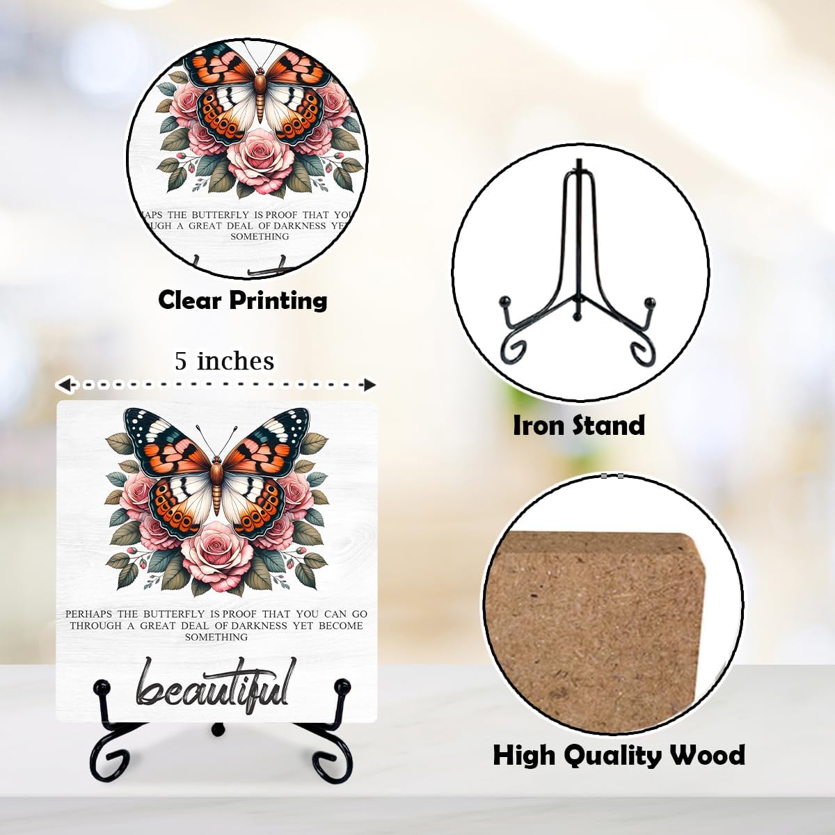 5'' Inspirational Wooden Sign With Metal Stand - Perhaps The Butterfly Is Proof- Rustic Positive Quotes Wooden Plaque Tabletop Gifts For Friends Family - Home Desk Office Shelf Decor & Supplies-A09 image 2