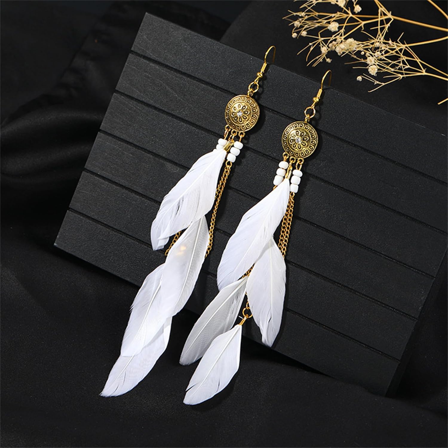 Bohemian Feather Earrings Gold Plated Handmade Boho Colorful Seed Beaded Feathers Long Chain Tassel Lightweight Dangle Drop Earrings for Women Ethnic Style Wedding Bridal Vacation Fashion Jewelry Gifts - Image 3