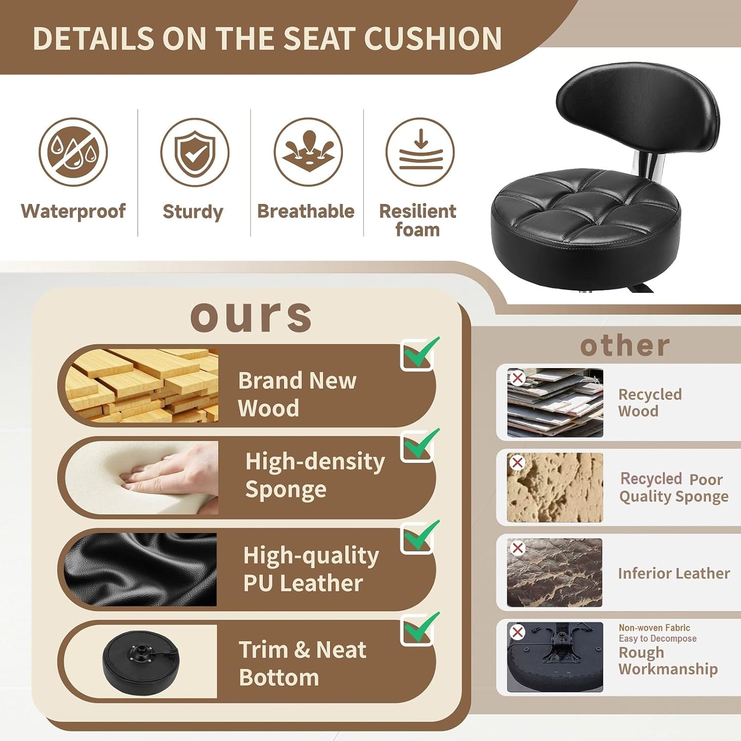 Kaleurrier Swivel Stool Chair Adjustable Height,Heavy Duty Hydraulic Rolling Metal Stool for Kitchen,Salon,Bar,Office,Massage (with Back Rest) (Black) - Image 8