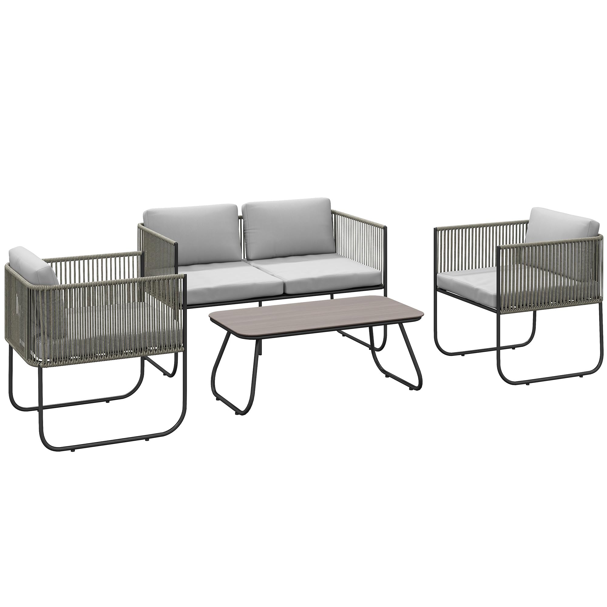 Outsunny Set di Mobili da Giardino in Rattan 4 Pezzi, Salotto da Esterno con Divanetto 2 Posti, 2 Poltrone, Tavolo da Caffè in Vetro e Cuscini Lavabili, Set Giardino Esterno in Acciaio, Grigio Chiaro