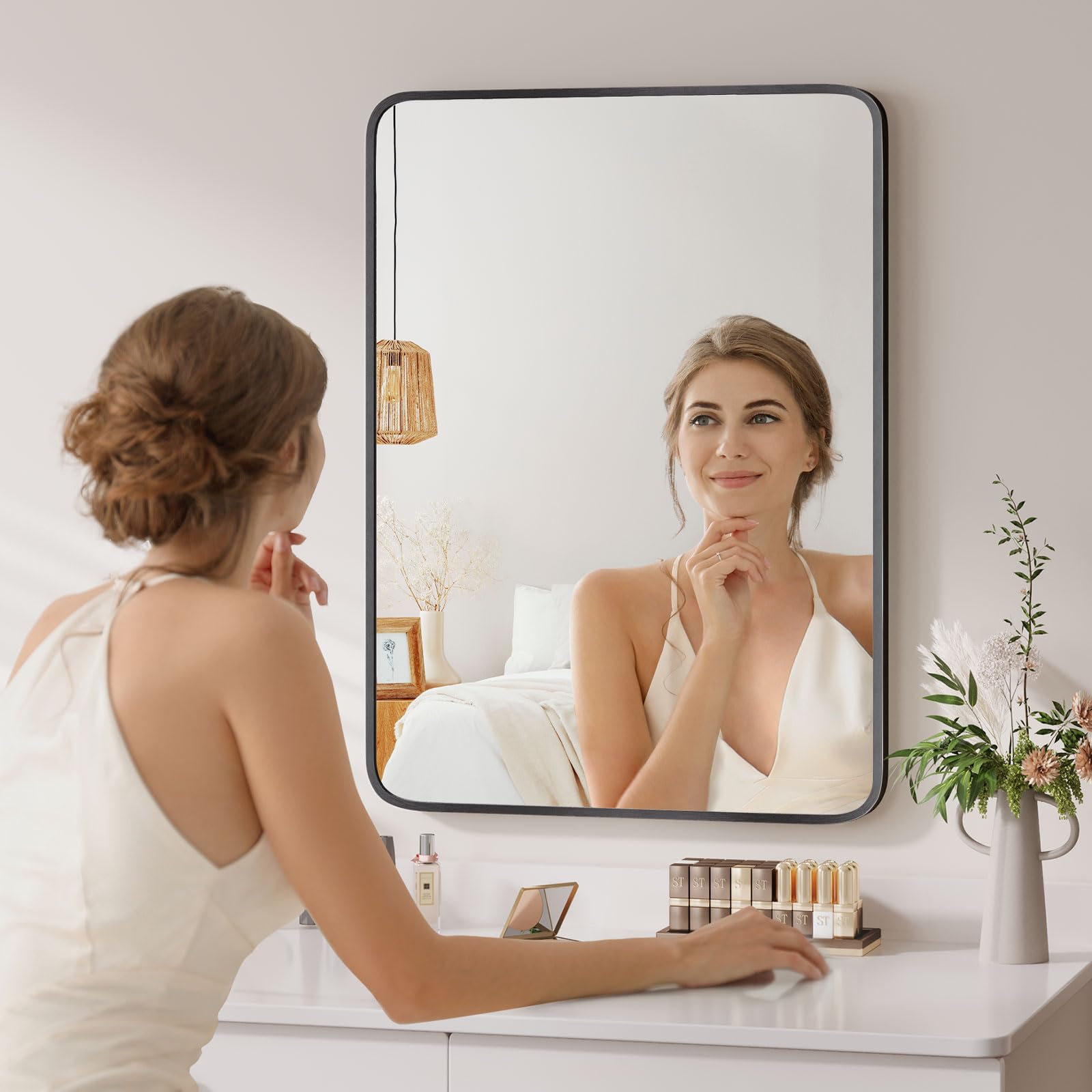 Dripex Miroir Salle de Bain 75x55cm Rectangulaire avec Cadre en Aluminium, Miroir Mural/Dressing/Salon Décoration HD Miroir de Maquillage (Noir)