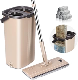 Flat Floor Mop and Bucket Set, Mop and Bucket with Wringer Set, 6 Reusable Microfiber Mop Pads Included, Wet and Dry Use, Squeeze Mop and Bucket Floor Cleaning System for Hardwood Laminate Tile