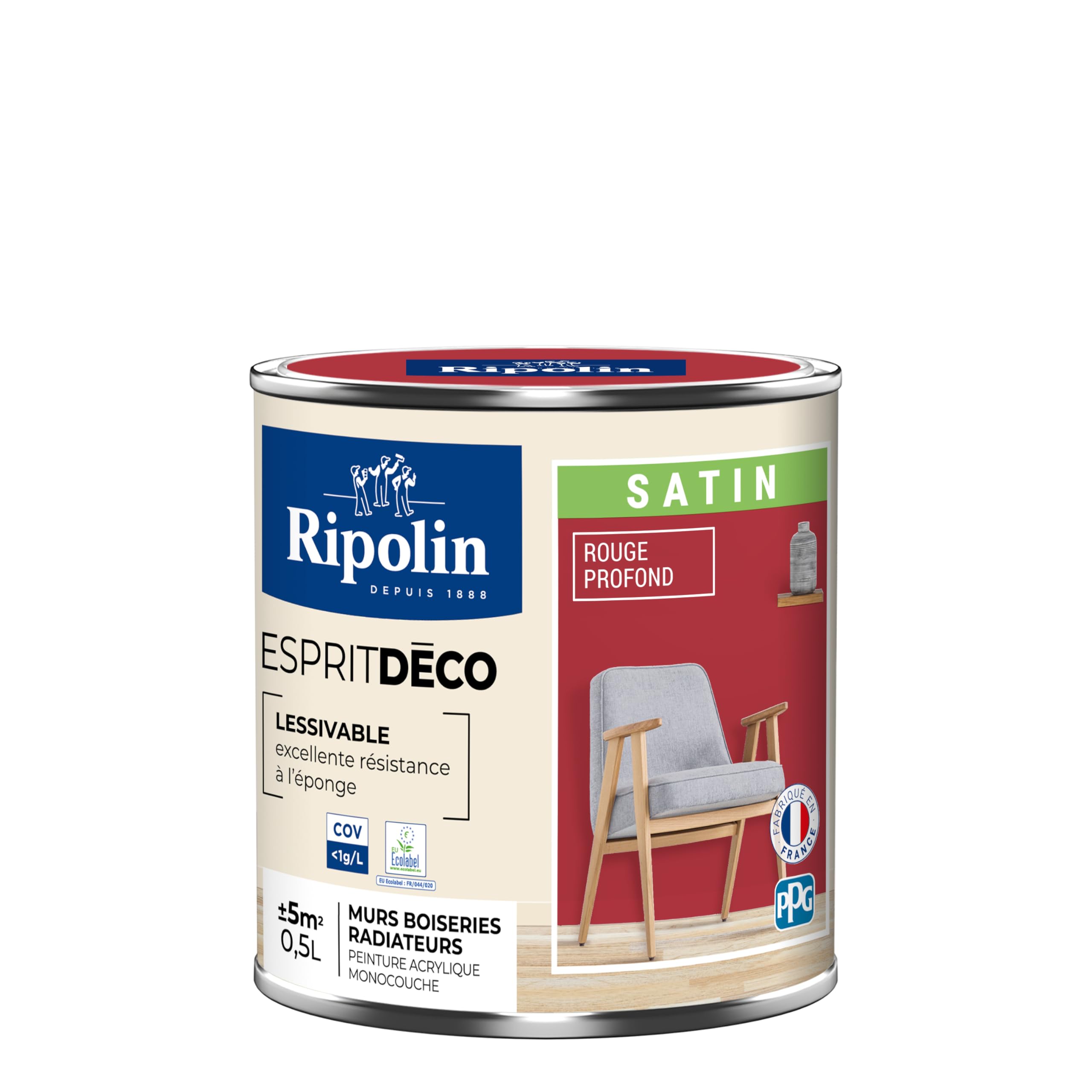 RIPOLIN - Peinture Intérieure Multi-​Supports – Murs, Boiseries & Radiateurs – Ultra Couvrante – Lessivable – Application Facile – Ecolabel - Satin - 0,​5L - Rouge Profond