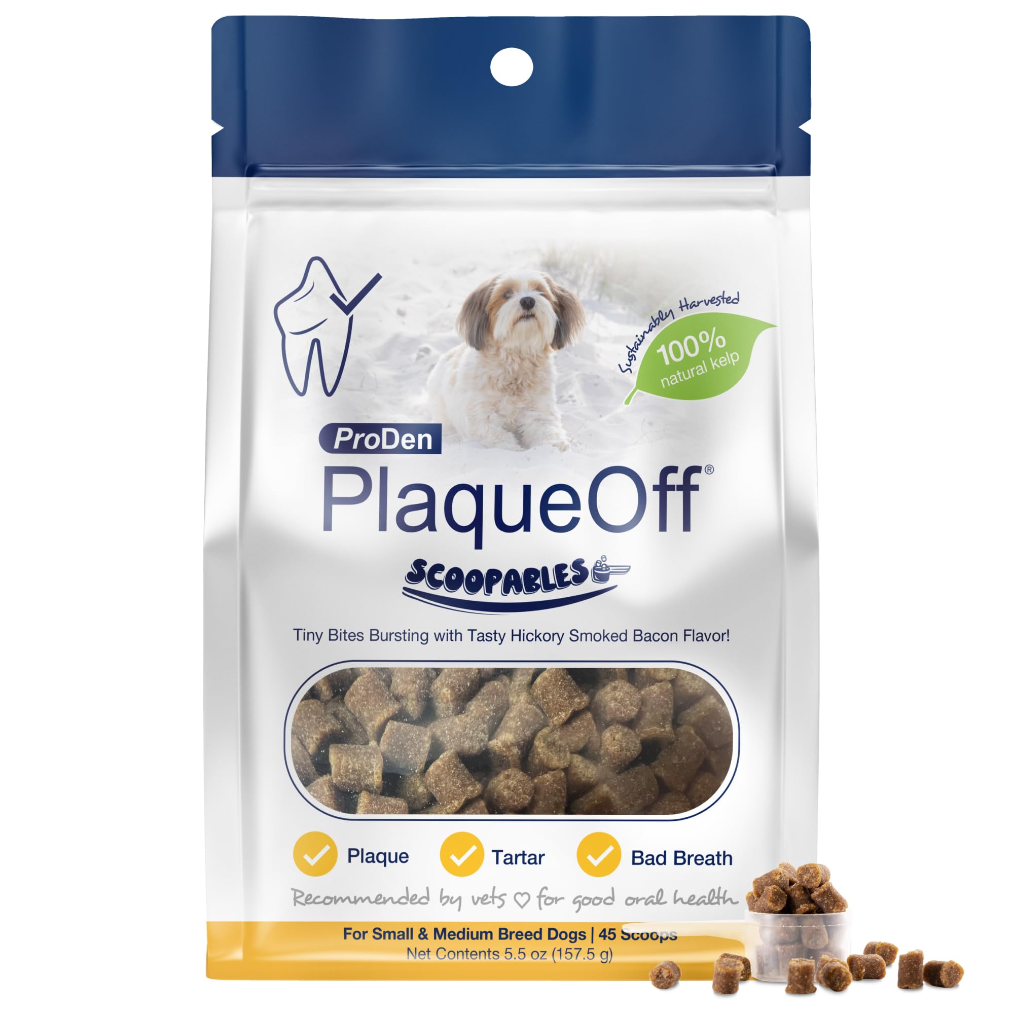 Scoopables - Hickory Smoked Bacon Flavor Dental Bites for Small Dogs, Natural Kelp for Plaque & Tartar Control, Freshens Breath - Small & Medium Breed Dental Care- 45 Scoops