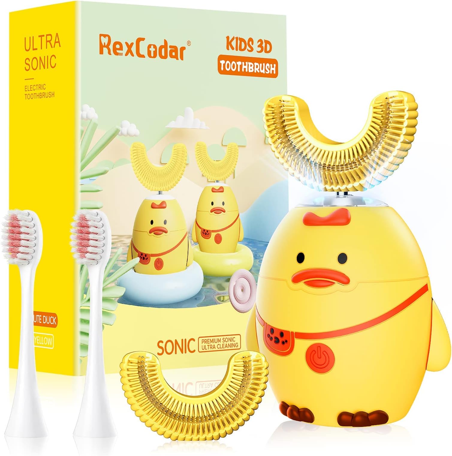 RexCodar Kids Electric Toothbrush,U Shaped Ultrasonic Automatic Toothbrush IPX7 Waterproof Toothbrush with 5 Smart Modes (Cartoon Duck,Ages 6-12)