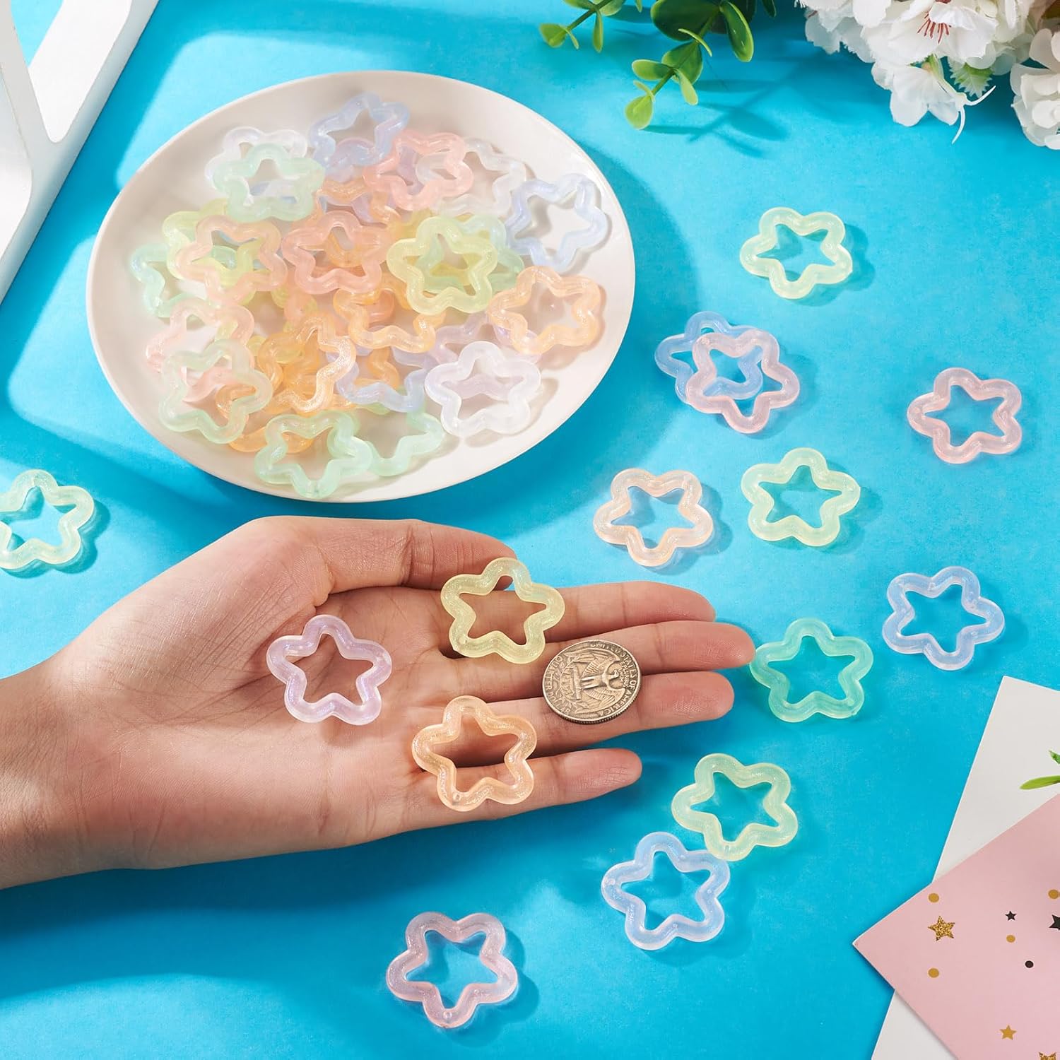 Cheriswelry Luminous Star Charms 70Pcs Glow in the Dark Star Pendants Hollow Frame Stars Link Charm 7 Colors 29.5mm for DIY Necklace Earring Bracelet Keychain Jewelry Making - Image 6