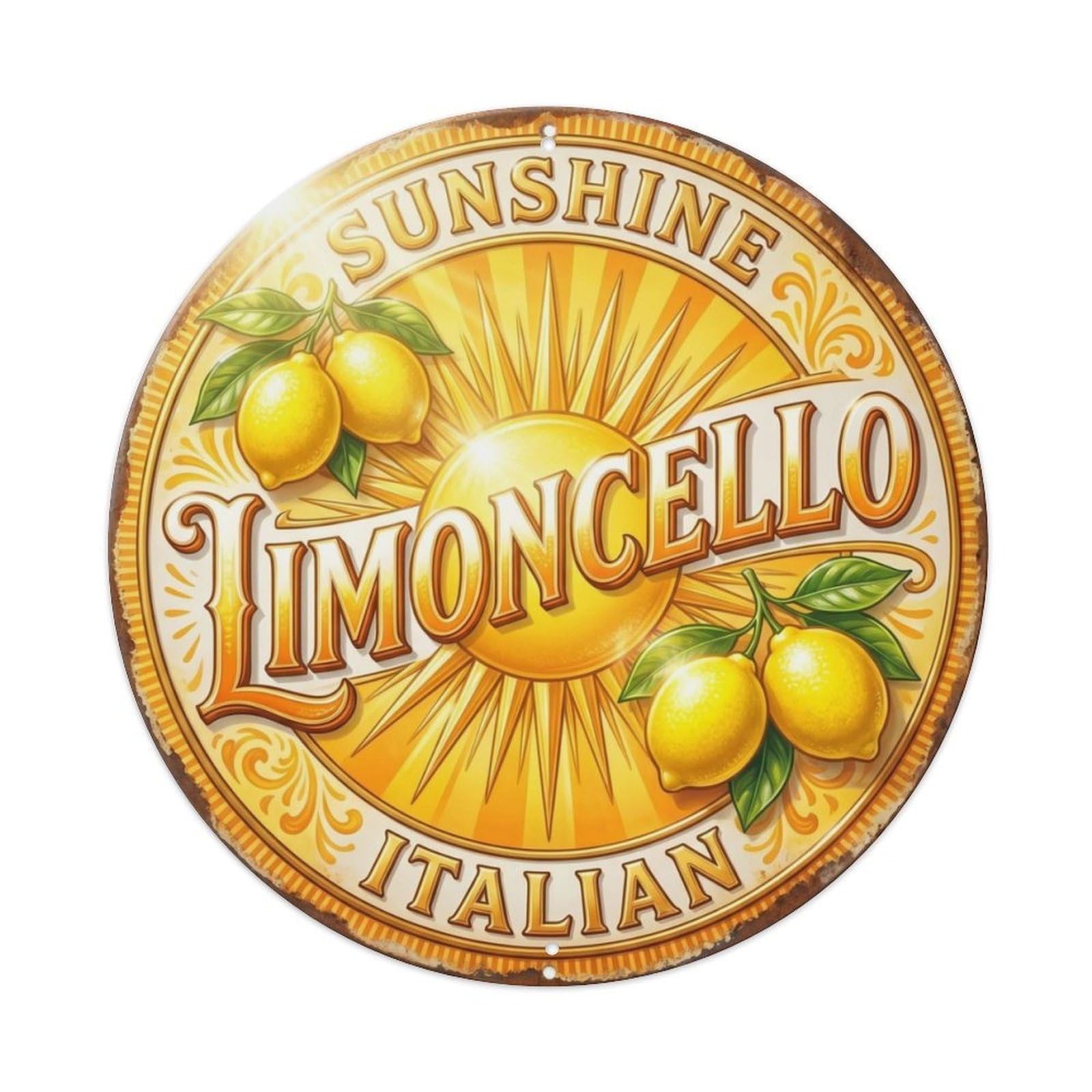 Fqcyn Style Sunshine Italian Seal Limoncello Metal Tin Sign Plaque Wall Decor For Cafe, Club Bar, Office, Home Garden Round Metal Poster 8X8inch