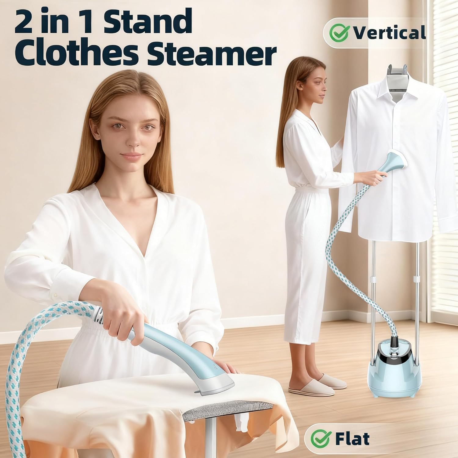 Défroisseur Vertical, Vaporisateur à Vêtements Debout 1800W avec Chaudière Turbo - Réservoir 1.6L, Vapeur Continue 1h, Repassage Plat/Suspension, 2 Tiges Rétractables, Compatible Tous Tissus