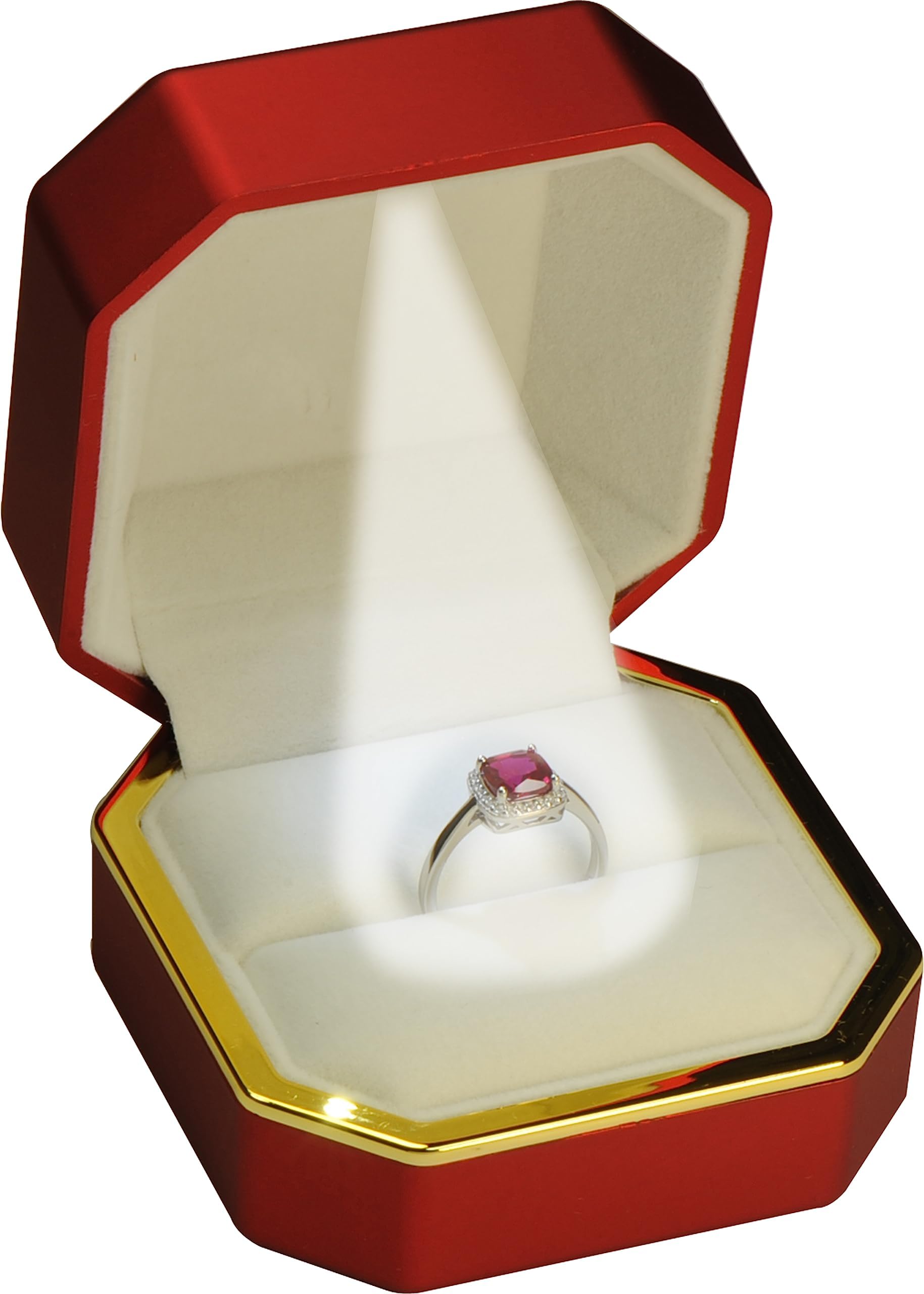 The Jewellery Pak LED Red Burgundy Ring Box for Proposal, Engagement, Wedding…Luxury Octagonal Design with Gold Trim LED Ring Jewelry Gift Holder Box with Light for Men for Women
