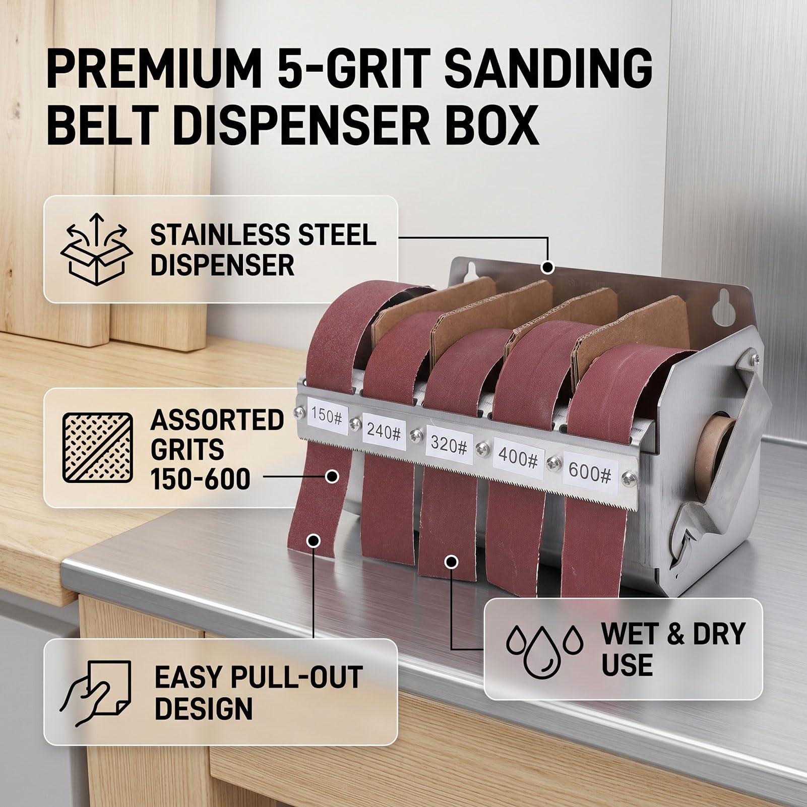Schleifleinenrolle mit 5 Körnungen, 25 Mm X 6 M Schleifpapierrolle mit Spender, Schleifpapier in den Körnungen 150, 240, 320, 400 und 600 für Holz, Metall, Möbel Autopolitur