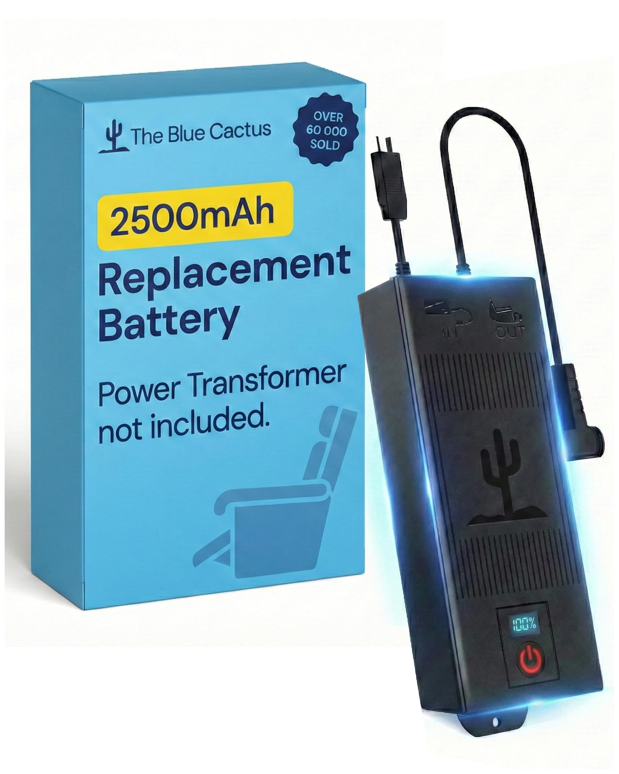 The Blue Cactus Rechargeable Battery for Reclining Furniture - 2500mAh Battery, 2-Pin Furniture Connector - Charger Not Included - Replacement Pack with LCD Display for Sofa, Couch, Recliner Chair