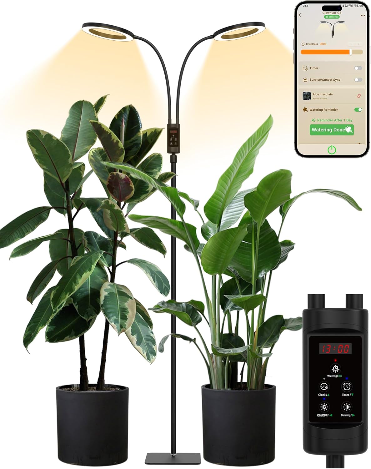 GLOWRIUM Smart Grow Lights for Indoor Plants, 48W Full Spectrum Plant Lights, Bluetooth App & Manual Control, Adjustable Height 47-70.9", Auto Timer, Indoor Plant Lamp for Tall Indoor Plants