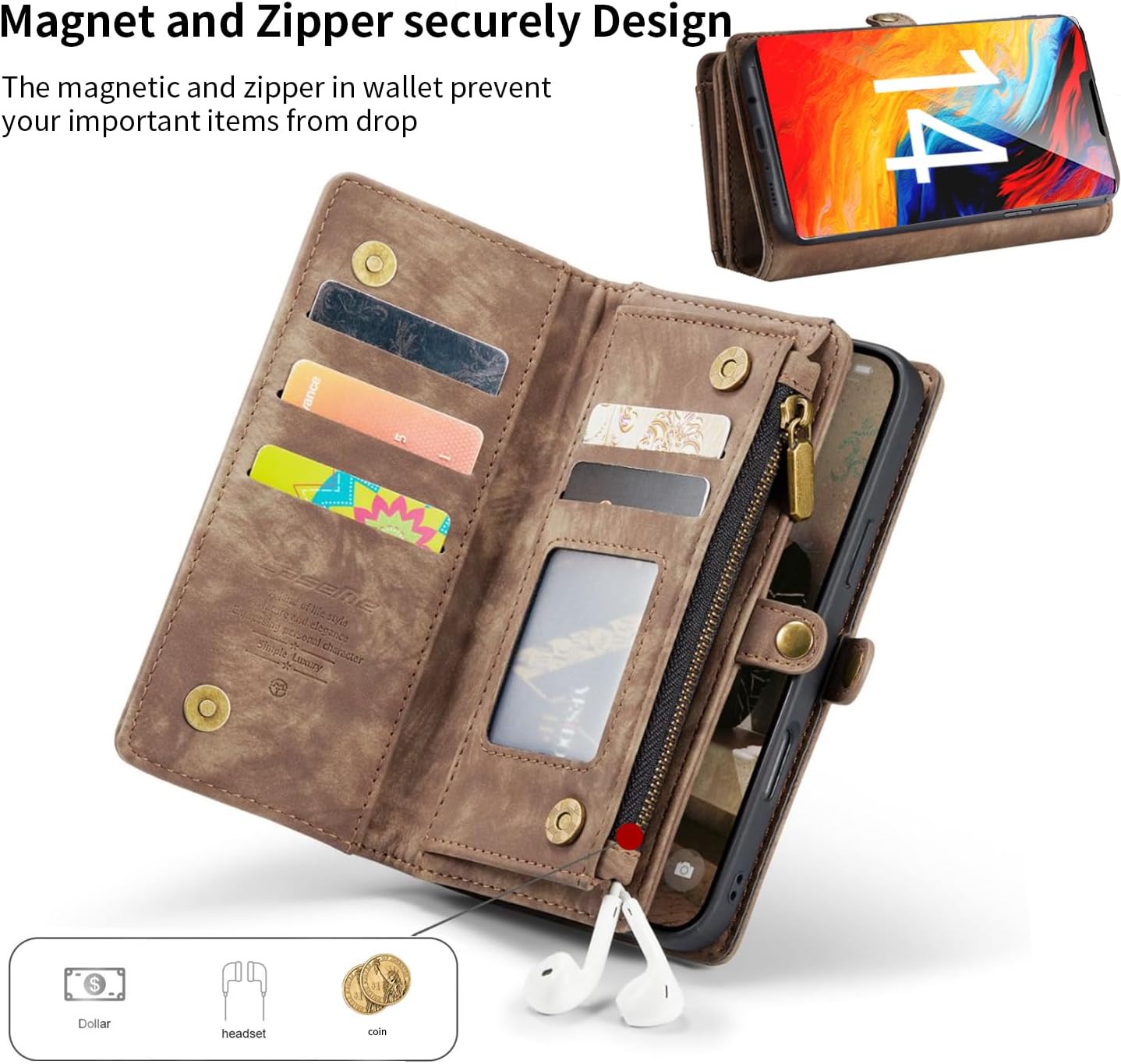 JGY Samsung Galaxy S24 Ultra Leather Wallet Detachable Magnetic case with Zipper Pocket Card Holder Samsung S24 Ultra Full Cover Shockproof Detachable Wallet FILP case for Women Man (Brown)