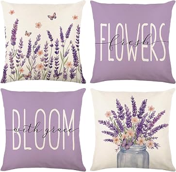 ONFAON Spring Pillow Covers 18x18 Set of 4, Purple Lavender Floral Bloom Flowers Throw Pillow Covers Seasonal Farmhouse Summer Pillow Case Decor for Sofa Couch