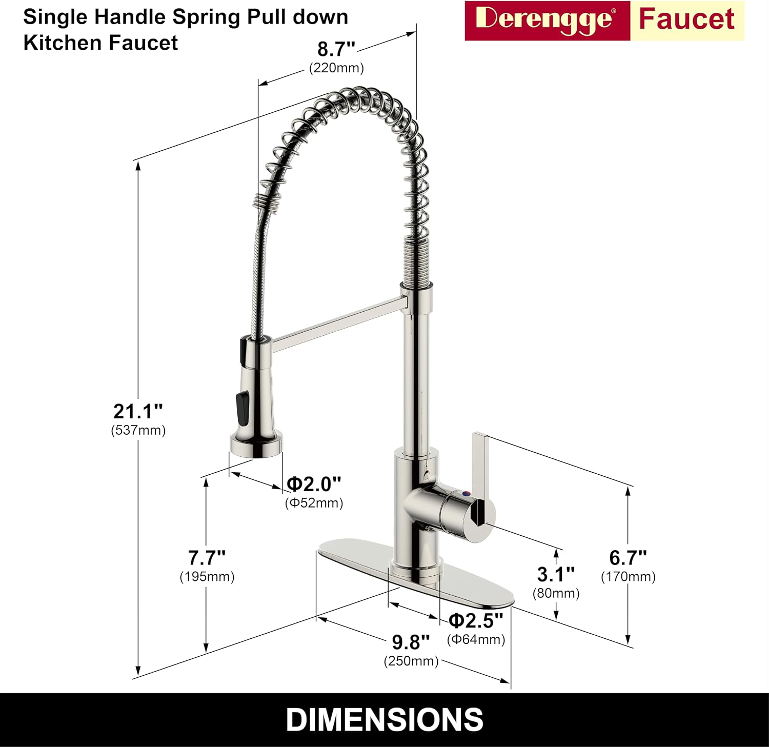 Kitchen Sink Faucet,Single Handle Spring High Arc Kitchen Faucet with Deck Plate for Farmhouse, Camper, Laundry, Rv, Bar,1 Hole or 3 Hole Installation,Polished Nickel Faucet,KF-5025-PN
