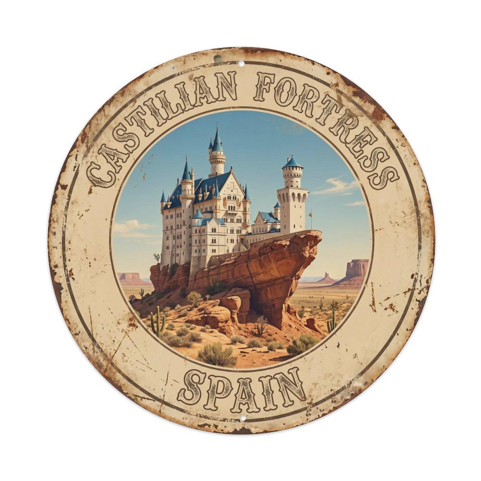 Vintage Travel Castilian Fortress Spain Metal Tin Sign