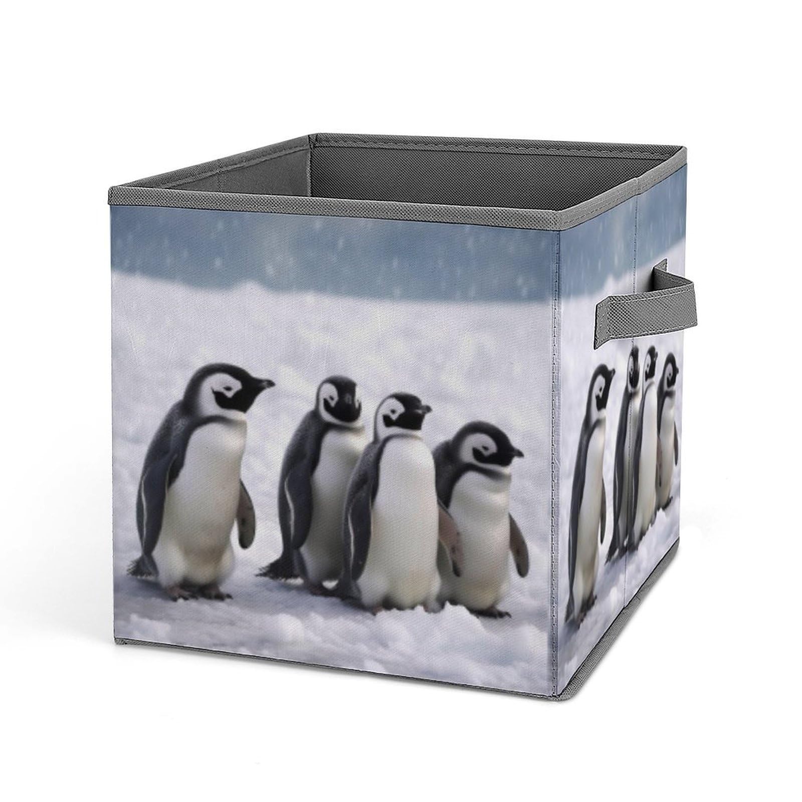 JTREHY Young Penguins With Snow Printed Foldable Storage Box, 10.6 Inches Fabric Storage Box for Wardrobe, Bedroom, Utility Room