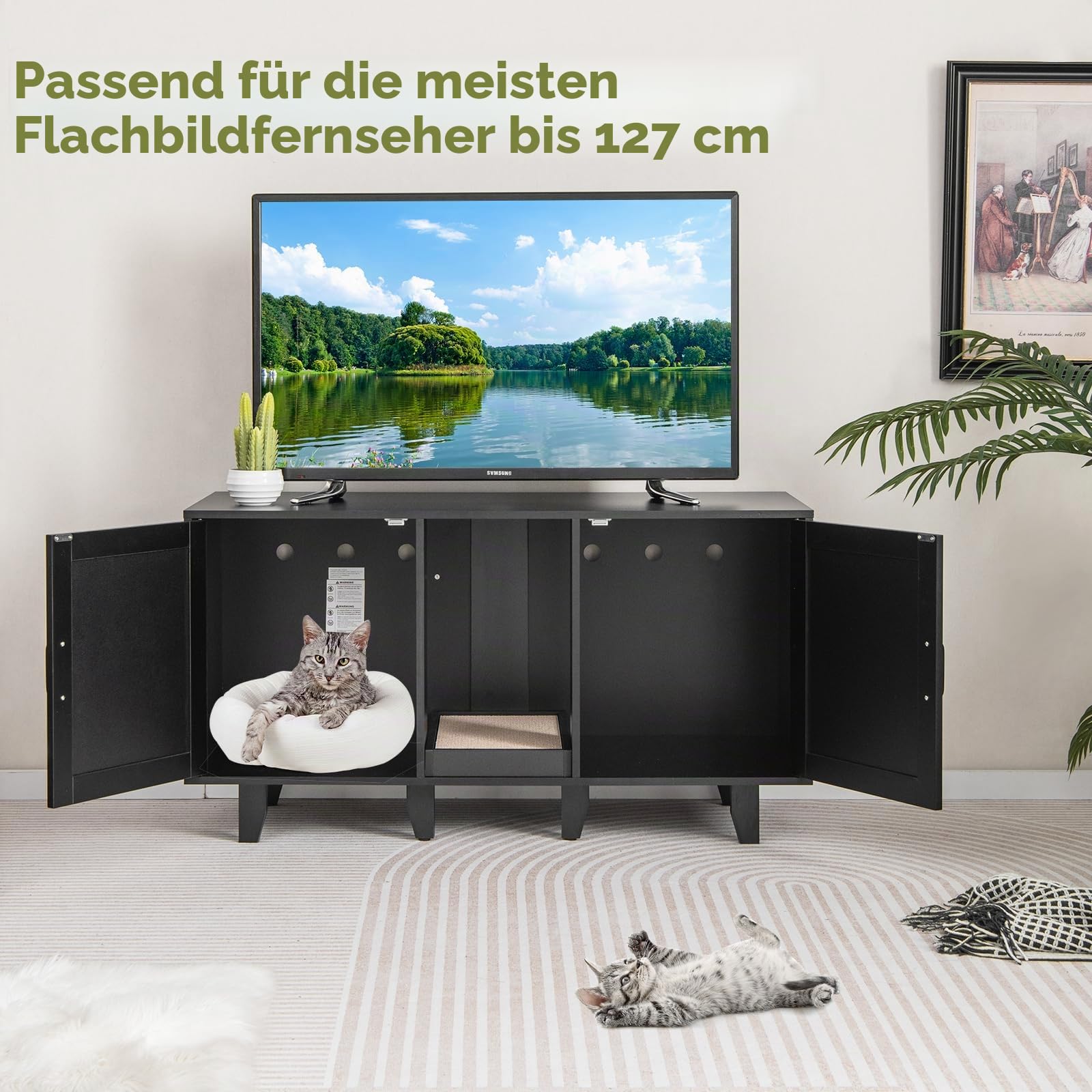GYMAX Katzenklo Schrank für 2 Katzen, Katzenschrank für Katzentoilette mit 2 Türen, verdecktem Eingang & Kratzbrett, XXL Katzenhaus für große Katzen, Katzenklo Möbel, 120 x 52 x 65 cm (Schwarz)