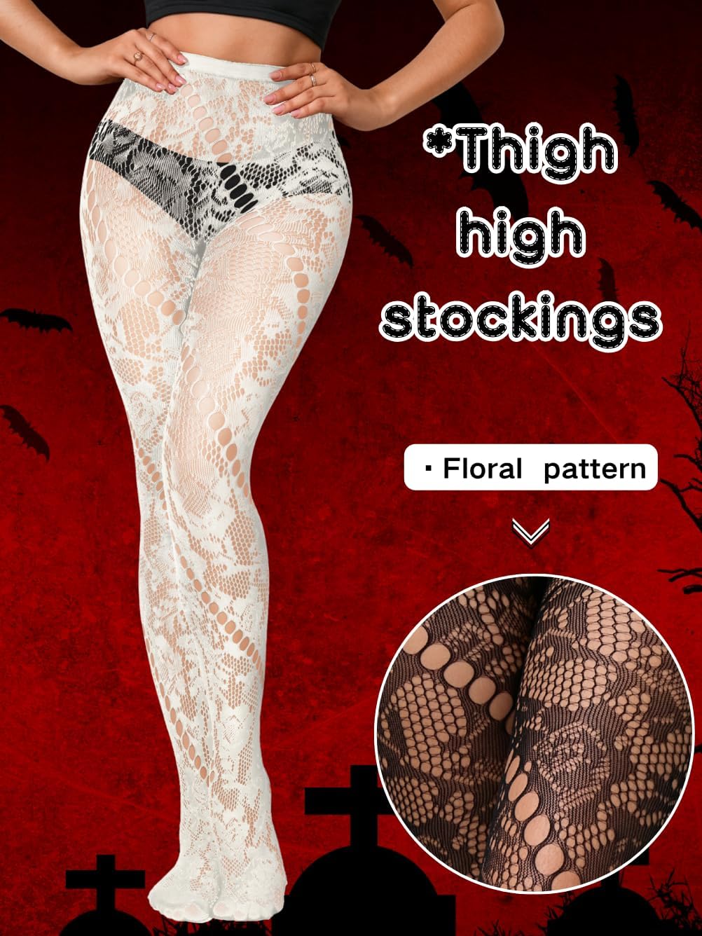 Patterned Tights,Floral Fishnet Stockings For Women,Goth Outfits Rave Festival Halloween - Image 2