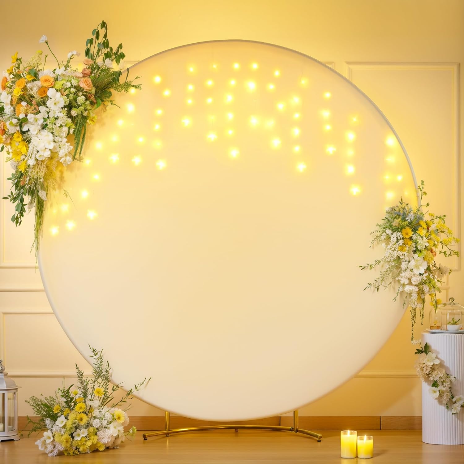 7.2 FT Ivory Round Backdrop Cover with Lights String for Circle Arch Stand Circle Backdrop Covers with LED Fairy Lights for Wedding Arch Baby Shower Birthday Party Photo Shoot Photography Background 7.2ft Ivory