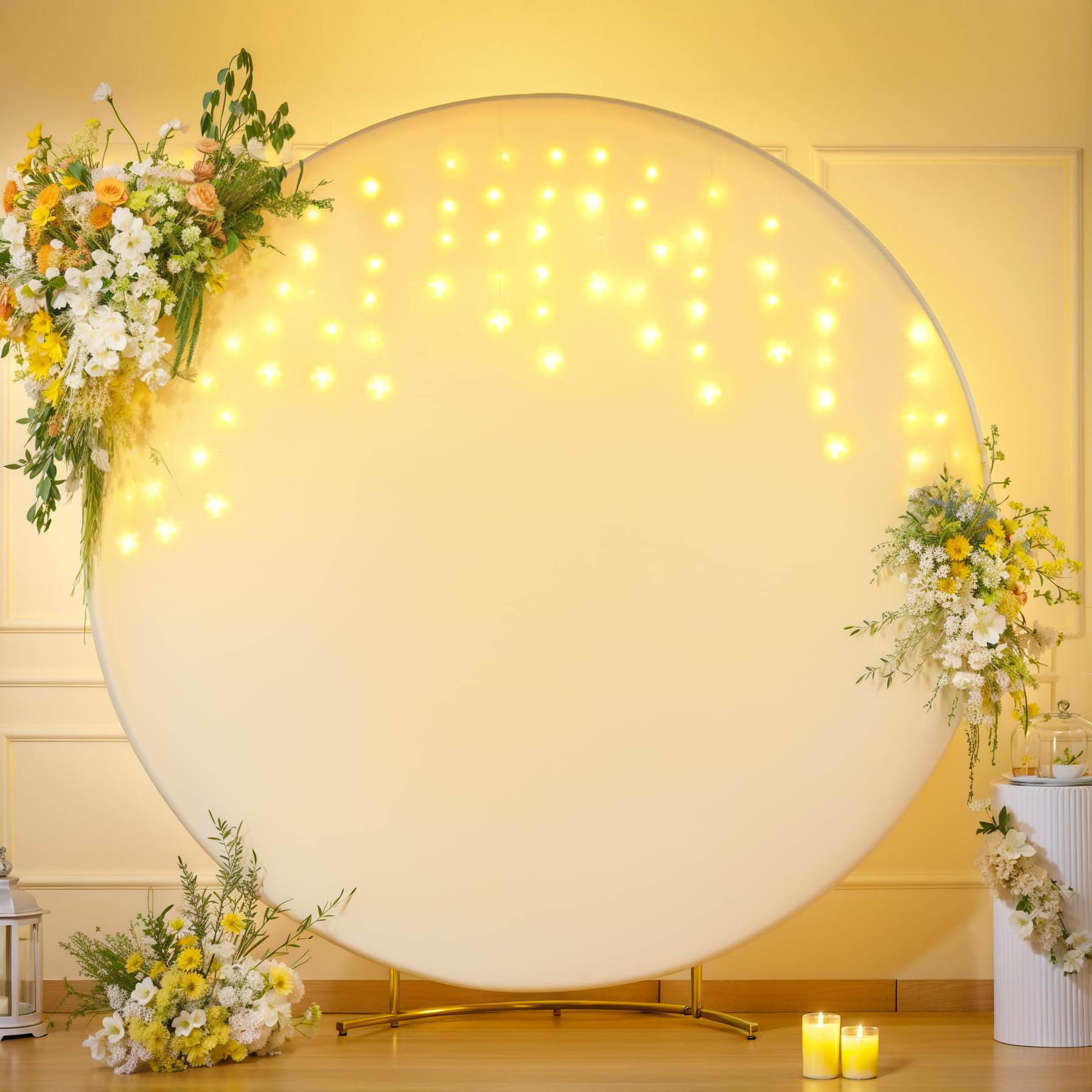 7.2 FT Ivory Round Backdrop Cover with Lights String for Circle Arch Stand Circle Backdrop Covers with LED Fairy Lights for Wedding Arch Baby Shower