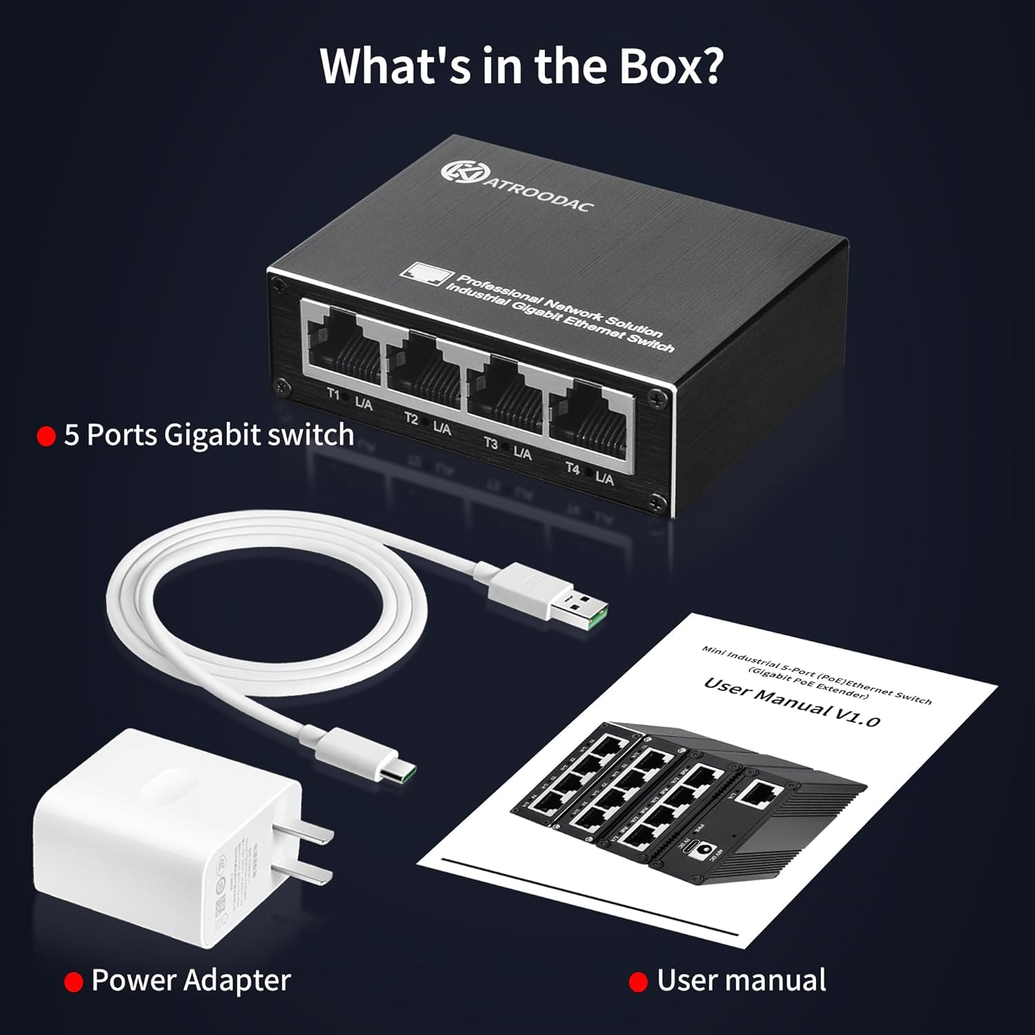 Mini Ethernet Switch 5 Ports Gigabit Enhanced Protection 10/100/1000 Mbps Unmanaged Network Switch Plug & Play Office Ethernet Splitter Fanless Silent Metal Case Network Hub Desktop Design