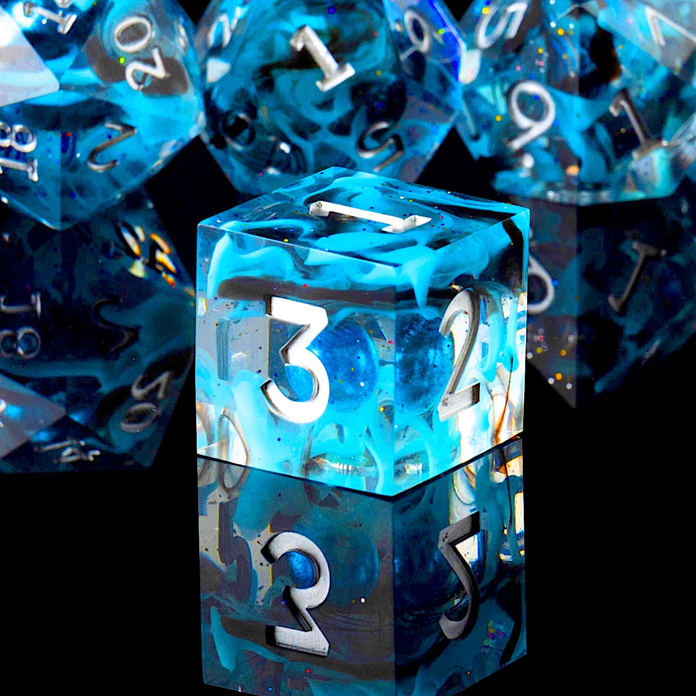 DND Galaxy Dice Set, Star Trails Core Sharp Edge Handmade Dice with Gift Box 7 PCS for Role Playing Dungeons and Dragons Ttrpg, RPG Polyhedral Resin Dice (BlackBlue)