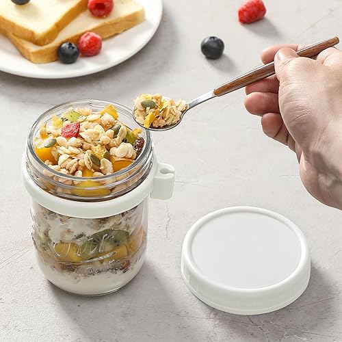 Vista 33 de LANDNEOO Paquete de 4 recipientes de avena con tapas y cucharas, tarros de vidrio de 16 onzas con tapas herméticas, tarros de avena para la noche