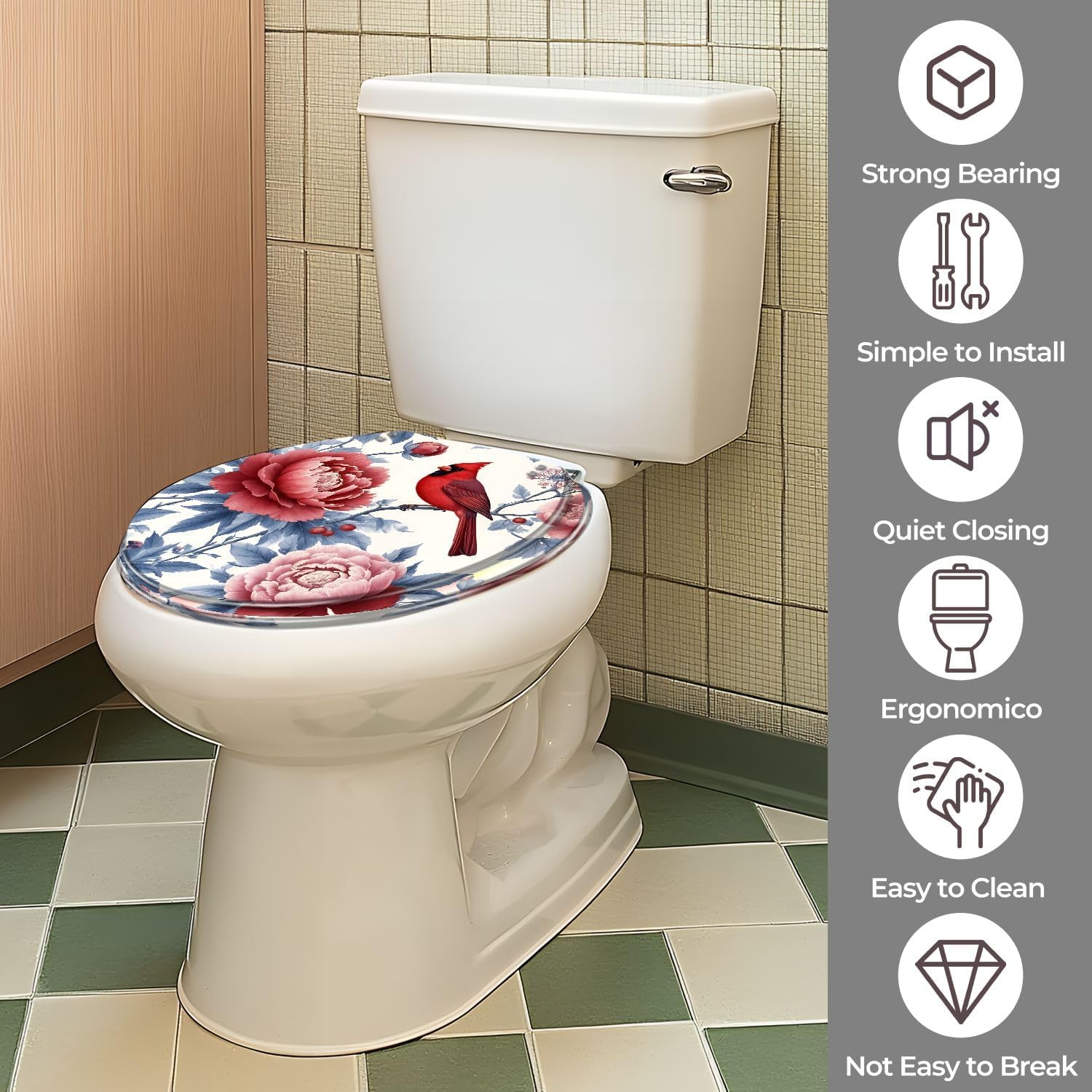 Round Toilet Seat Red Cardinal Bird Branch Peony Flowers Blue Pink Botanical Resin Toilet Seat with Quietly Close Quick Release Hinges Replacement Toilet Seat with Cover Easy to Clean and Install