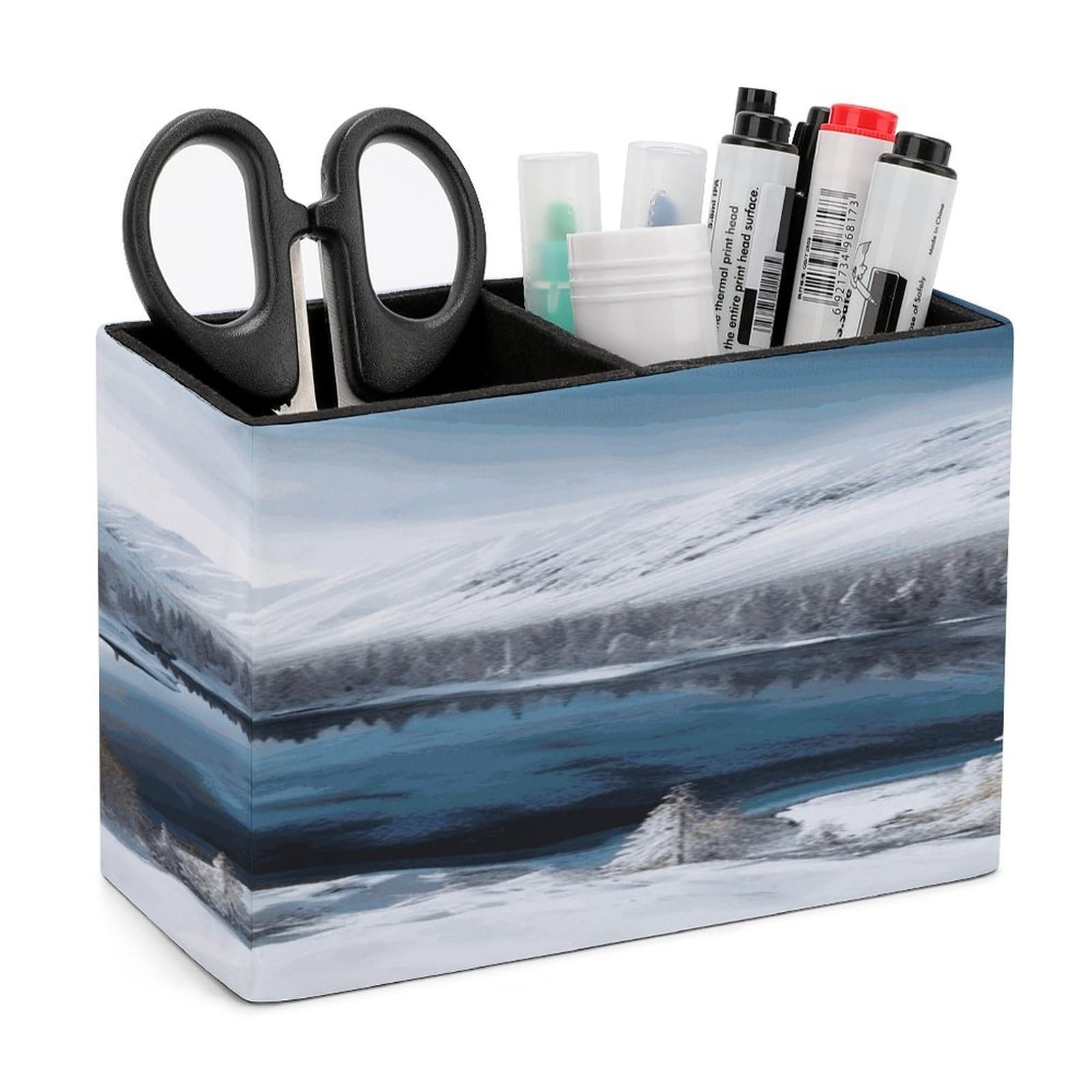 LDGSUPH Winter Mountains Snow Scene Leather Pen Holder for Desk Organizer Caddy Large Pencil Cup Multi-function Pencil Holder Makeup Brush Holders Pen Organizer for Home Office Storage Box