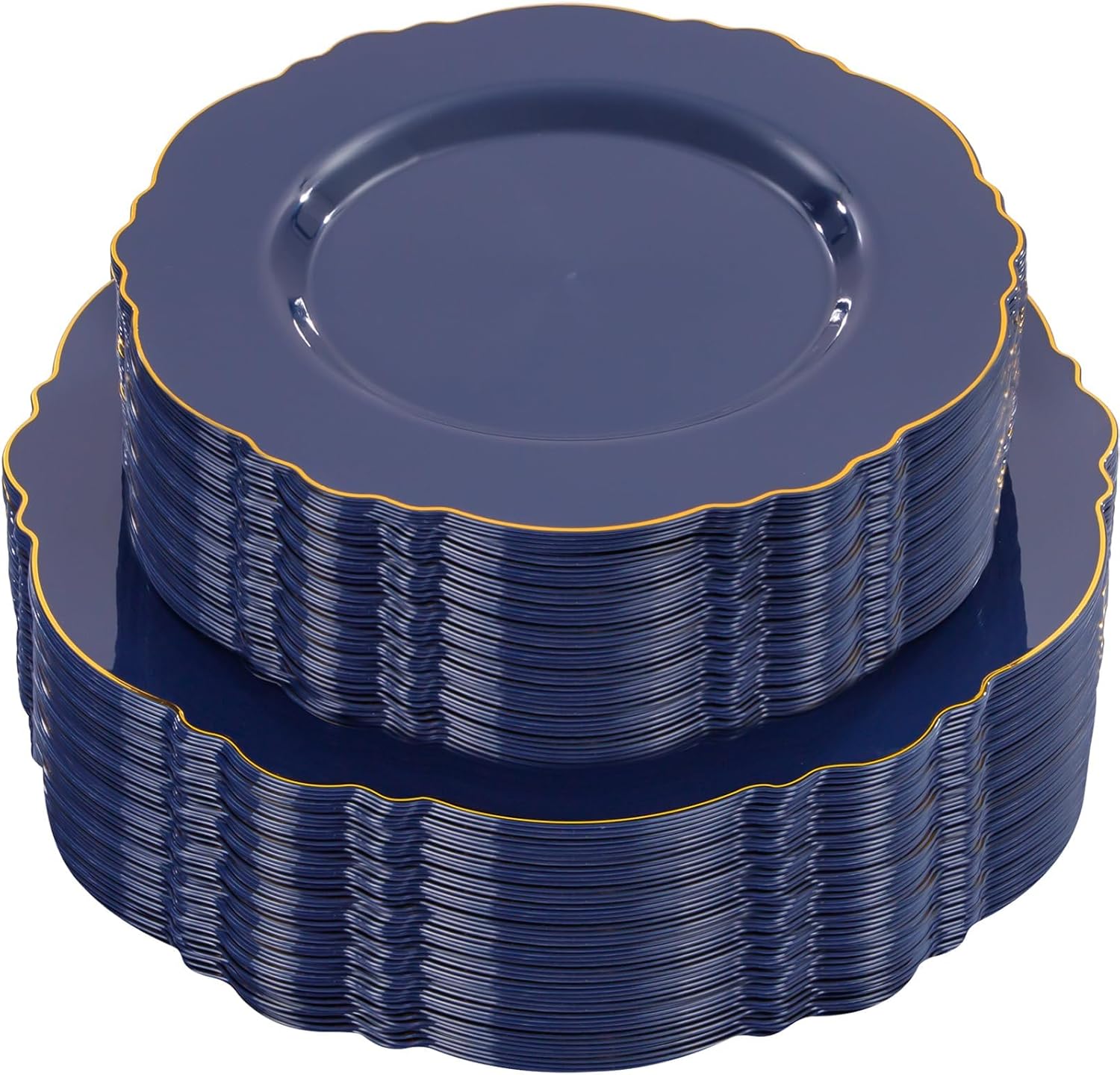 WDF 100pcs Blue Plastic Plates - Baroque Blue&Gold Disposable Plates for Parties/Wedding-50Plastic Dinner Plates 10.25in, 50Salad Plates 7.5in for Party/Birthday/Wedding/Passover