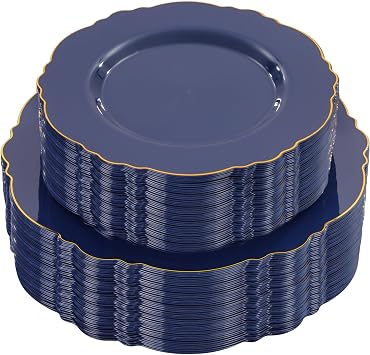 WDF 100pcs Blue Plastic Plates - Baroque Blue&Gold Disposable Plates for Parties/Wedding-50Plastic Dinner Plates 10.25in, 50Salad Plates 7.5in for Party/Birthday/Wedding/Independence Day/Fathers Day