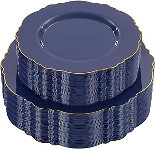 WDF 100pcs Blue Plastic Plates - Baroque Blue&Gold Disposable Plates for Parties/Wedding-50Plastic Dinner Plates 10.25in, 50Salad Plates 7.5in for Party/Birthday/Wedding