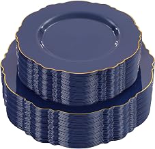 WDF 100pcs Blue Plastic Plates - Baroque Blue&Gold Disposable Plates for Parties/Wedding-50Plastic Dinner Plates 10.25in, 50Salad Plates 7.5in for Hanukkah
