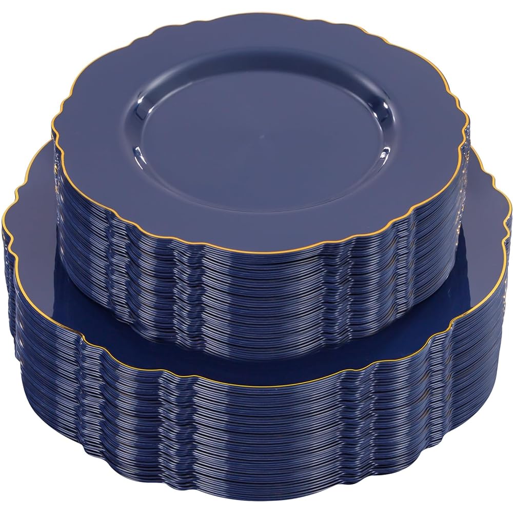 WDF 100pcs Blue Plastic Plates - Baroque Blue&Gold Disposable Plates for Parties/Wedding-50Plastic Dinner Plates 10.25in, 50Salad Plates 7.5in for Hanukkah
