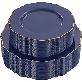 WDF 100pcs Blue Plastic Plates - Baroque Blue&Gold Disposable Plates for Parties/Wedding-50Plastic Dinner Plates 10.25in, 50Salad Plates 7.5in for Hanukkah