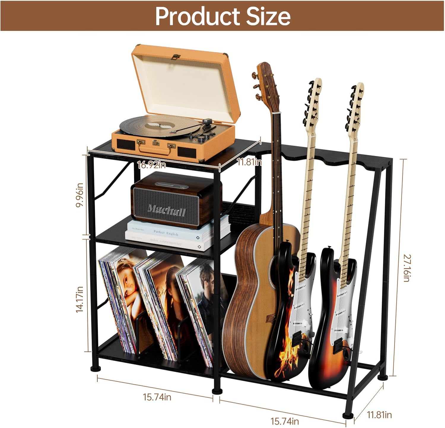 Hosfais Record Player Stand, 3 Tier Guitar Stand for Acoustic, Electric Guitar, Bass Stand, Vinyl Record Storage Up to 200 Albums, Brown Records Shelf for Living Room Bedroom (Black)