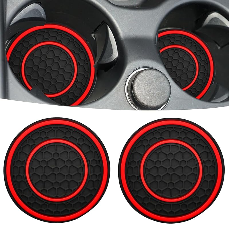 JUNAHAA Tapete Porta-Copos Automotivo Redondo de Silicone Antiderrapante Preto e Vermelho, 6,99 cm, 2 unidades