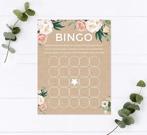 Miniatura 2 de Andaz Press Peach Coral Kraft Brown Rústico Floral Garden Party Wedding Collection Tarjetas de juego de bingo para despedida de soltera, paquete de