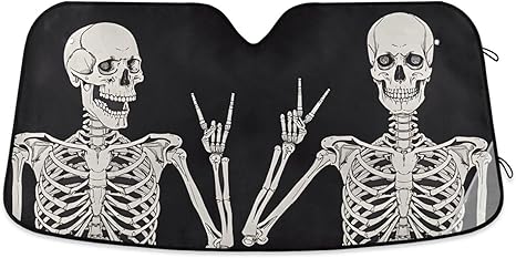 Funny Skeleton Skull Sugar Black Windshield Sunshade Car Sun Shade Front Window Shade for Truck SUV Blocks UV Rays Sun Reflector Visor Protector Accordion Folding