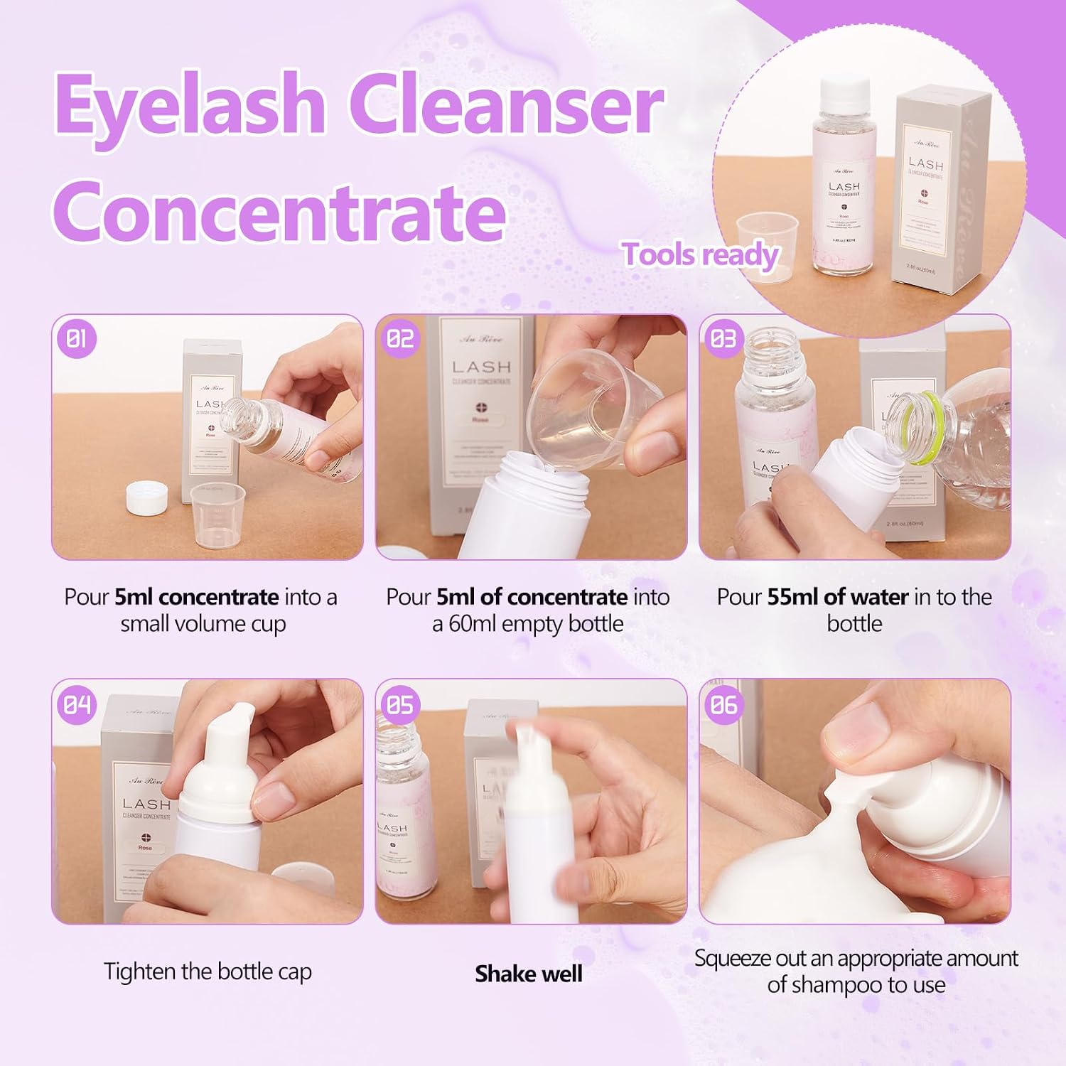 Lash Shampoo Concentrate 100ml Lash Extension Cleanser Oil-Free Eyelash Extension Shampoo with Salon Home Care -Makes 20 Bottles 60ml Lash Shampoo,Cherry Blossoms