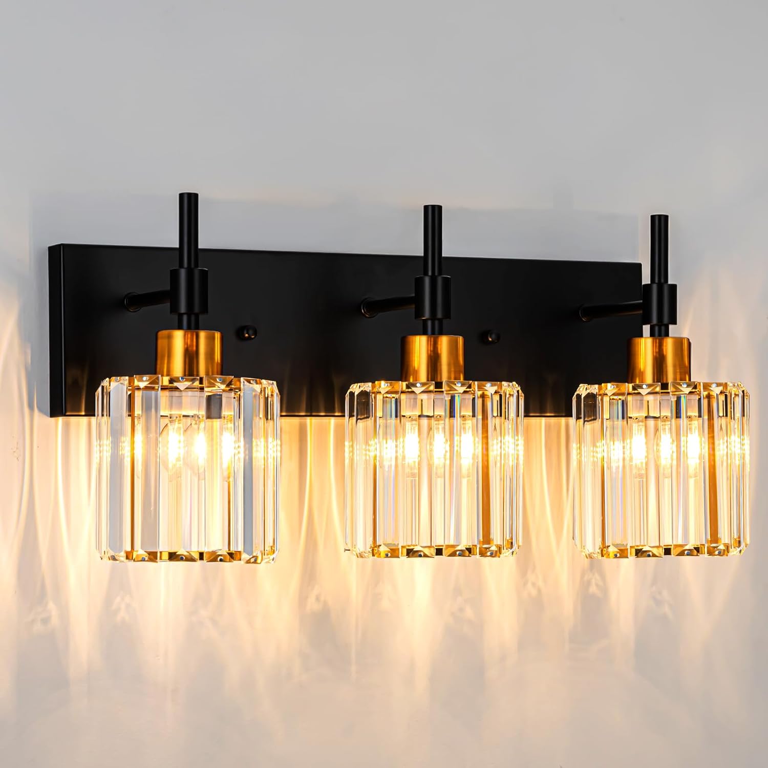 3 Light Black and Gold Vanity Lights for Bathroom,Modern Crystal Light Fixtures Over Mirror,Vintage Black and Brass Bathroom Lighting Fixtures
