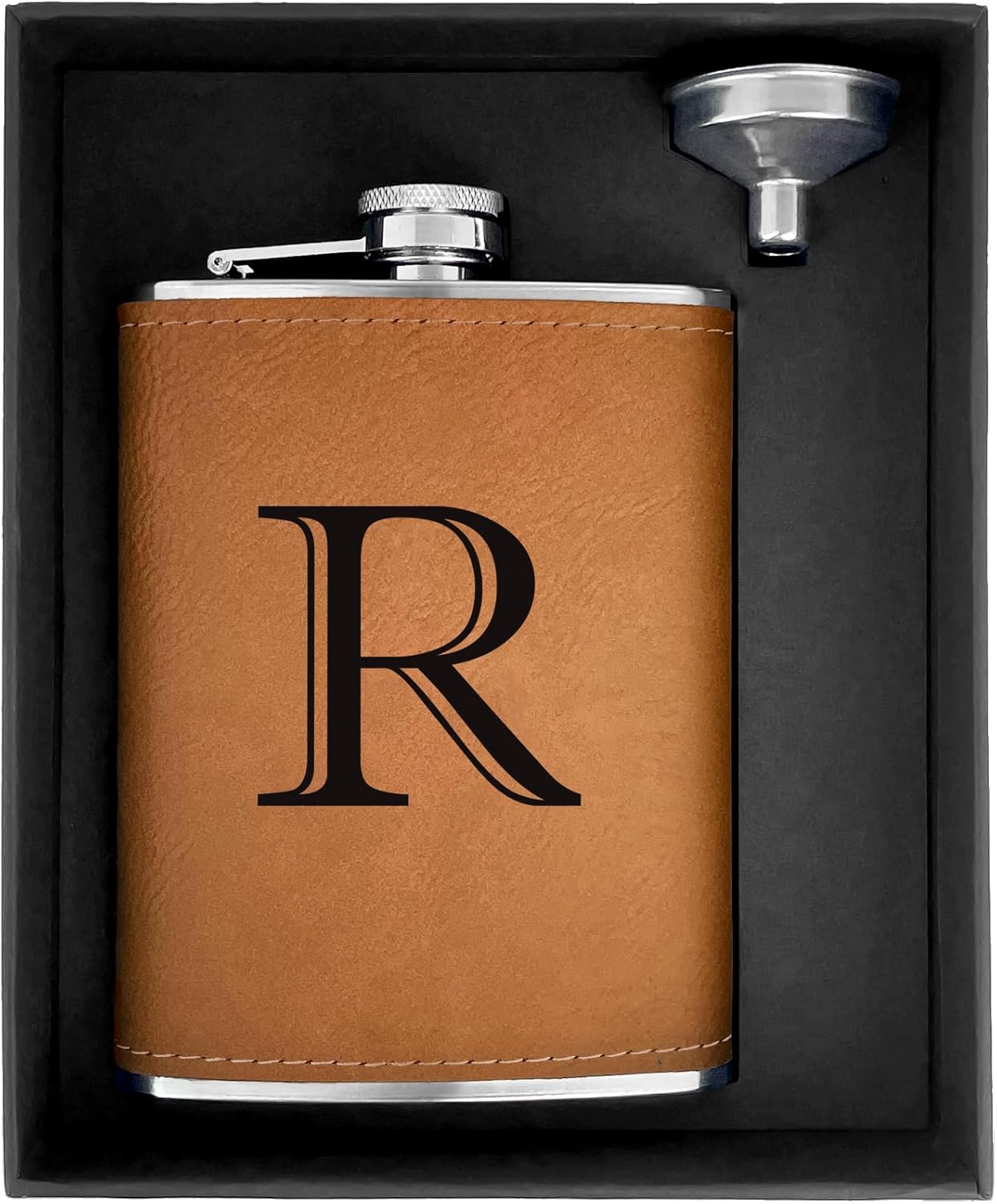 CARAKNOTS Hip Flask for Men Leather Engraved Drinking Whiskey Flasks for Liquor with Initials Stainless Steel with Funnel 8 oz Personalized Christmas Birthday Gifts for Dad Letter R