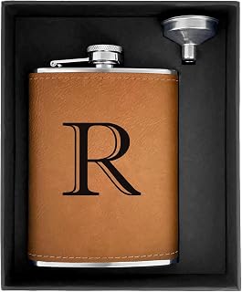 CARAKNOTS Hip Flask for Men Leather Engraved Drinking Whiskey Flasks for Liquor with Initials Stainless Steel with Funnel 8 oz Personalized Christmas Birthday Gifts for Dad Letter R