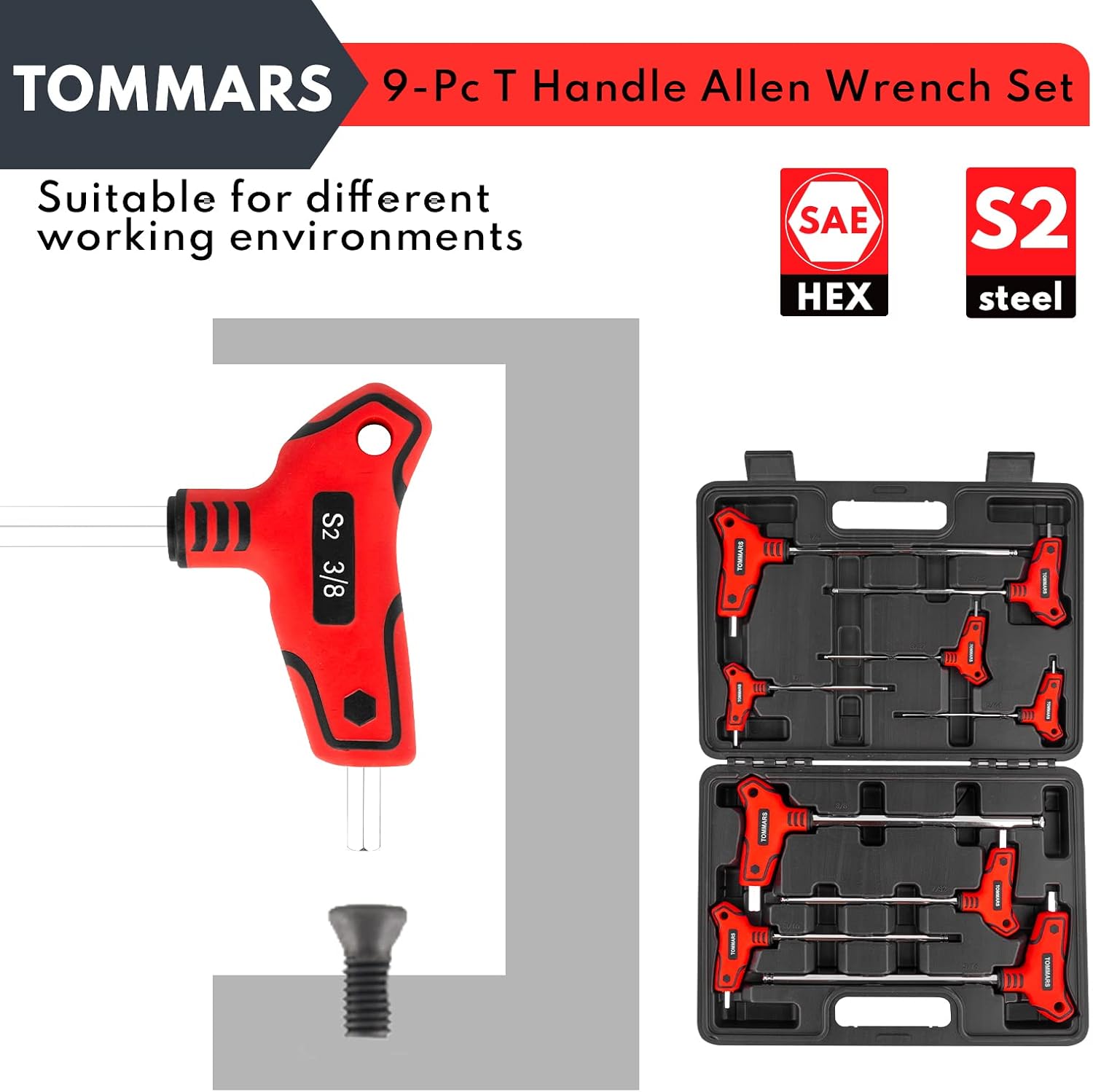 TOMMARS 9PC T Handle Allen Wrench Set, SAE T Handle Hex Key Set Ball End, SAE 5/64-3/8 inch, S2 Steel