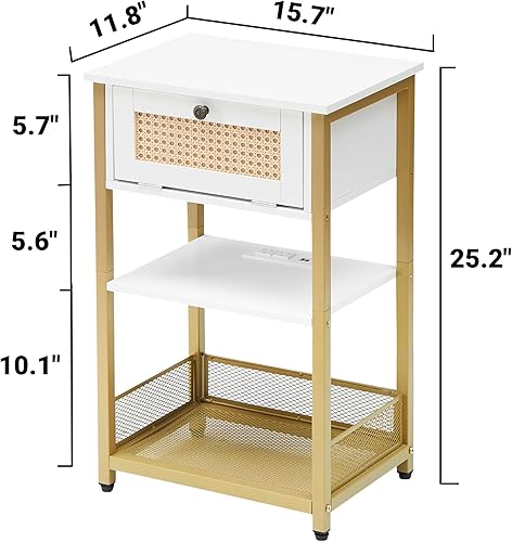 Miniatura 2 de J-yaamiZz Mesa auxiliar con estación de carga, puertos USB y tomacorrientes, cajón y estante de almacenamiento de 2 niveles, mesa auxiliar para sala